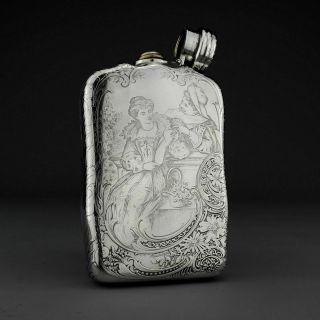RARE Antique Acid Etched Tiffany & Co.  Solid Sterling Silver Hip / Liquor Flask 5