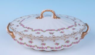 Haviland Limoges Drop Pink Rose Swags Double Gold OVAL COVERED TUREEN Porcelain 11