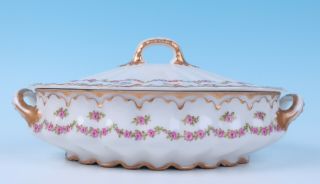 Haviland Limoges Drop Pink Rose Swags Double Gold OVAL COVERED TUREEN Porcelain 2