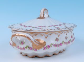 Haviland Limoges Drop Pink Rose Swags Double Gold OVAL COVERED TUREEN Porcelain 3