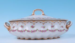 Haviland Limoges Drop Pink Rose Swags Double Gold OVAL COVERED TUREEN Porcelain 4