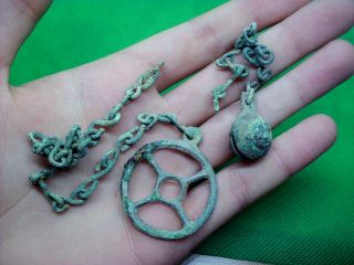 HALLSTATT CULTURE / CELTIC DRUIDSBRONZE SOLAR AMULET ON CHAIN /W BELL - 700 BC - 2