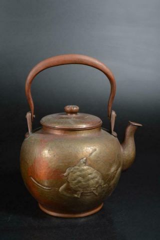T384: Japanese Xf Old Copper Turtle Sculpture Copper Bottle Teapot Dobin