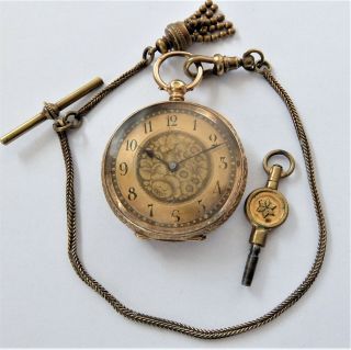1900 18K GOLD CASED CYLINDER POCKET WATCH / FOB WATCH SS&CO IN ORDER 2