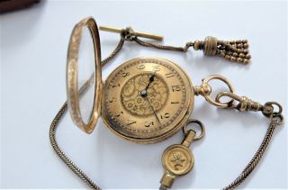 1900 18K GOLD CASED CYLINDER POCKET WATCH / FOB WATCH SS&CO IN ORDER 3