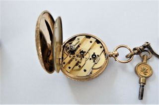 1900 18K GOLD CASED CYLINDER POCKET WATCH / FOB WATCH SS&CO IN ORDER 7