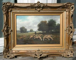 19thc Antique Victorian Era Flock Of Sheep Old Pastoral Landscape Oil Painting