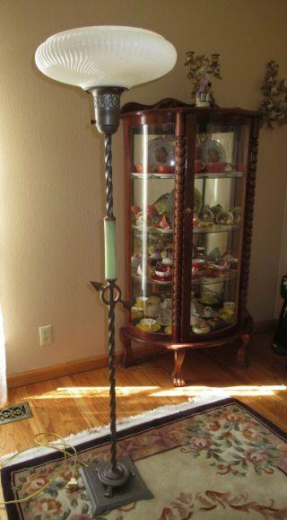 Vtg Floor Arrow Torchiere Lamp Iron Glass Shade Light Rewired 1930 