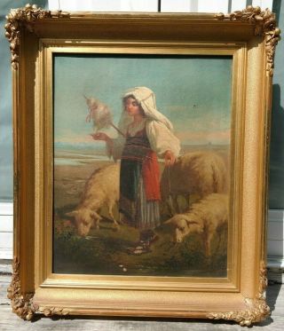 19thc Antique Old West Town Mexican Border Young Lady Shepherd & Sheep Painting