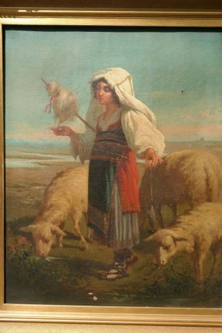19thC Antique OLD WEST Town MEXICAN BORDER Young LADY SHEPHERD & SHEEP PAINTING 2