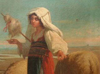19thC Antique OLD WEST Town MEXICAN BORDER Young LADY SHEPHERD & SHEEP PAINTING 5