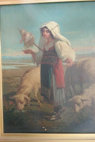 19thC Antique OLD WEST Town MEXICAN BORDER Young LADY SHEPHERD & SHEEP PAINTING 8