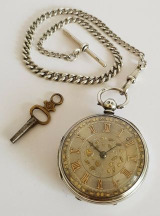 Antique Victorian Solid Silver 42mm Fusee Pocket Watch W Albert Chain C1866