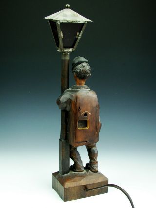 Antique Vintage Black Forest Carved Wood KARL GRIESBAUM Hobo Automaton Lamp 6