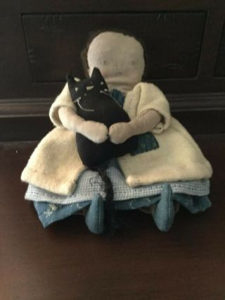 Early Primitive Cloth Rag Doll & Kitten - Made By Fat Hen Farm