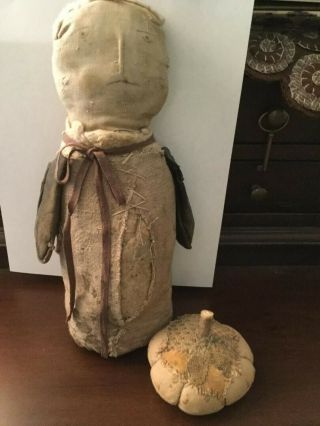 Early Primitive Handmade Cloth Rag Doll & Pumpkin - Artist Made