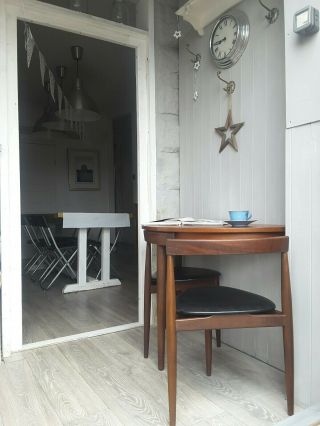 Danish Hans Olsen Frem Rojle Demilune Side Table / Desk & Chairs