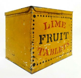 Early 20th C Vint Lime Fruit Tablets Stenciled Yellow Enamel Tin,  W/hinged Lid