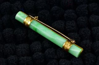 Signed Chinese High Karat Gold & Cylindrical Jade Brooch / Pin 2