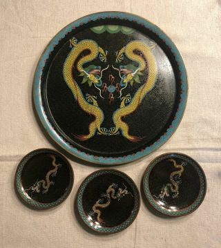 Antique Chinese Cloisonne Enamel / Copper Dragon Lg 10 " / Sm 3.  5 " Plate Set