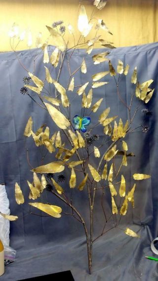 Vintage Mid Century Modern Brass Curtis C Jere Tree Wall Art Sculpture Butterfly 2