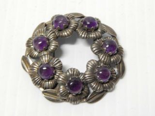 Antique / Vintage Mexican Heirloom Amethyst Sterling Silver Pin Mexico Estate