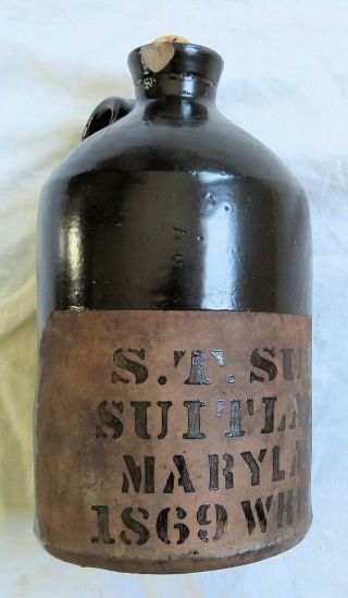Brown Stenciled 1869 S.  T.  Suit Whiskey Jug Suitland Maryland Vtg Old Antique