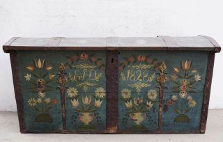 Antique Swedish Allmoge Iron & Painted Oak Domed Dowry Wedding Trunk 1828 2