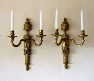 Pair Large Antique French Gilt Bronze Empire 2 Branch Candle Sconces,  Lights