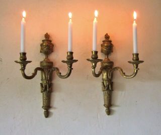 PAIR LARGE ANTIQUE FRENCH GILT BRONZE EMPIRE 2 BRANCH CANDLE SCONCES,  LIGHTS 4