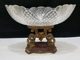 HUGE ANTIQUE FRENCH BRONZE MARBLE CUT CRYSTAL CENTERPIECE BOWL 2