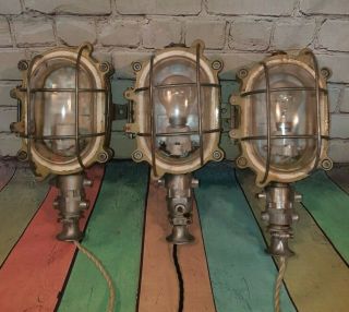 Old Industrial Vintage French Cast Iron Caged Bulkhead 1950 Wall Desk Light Lamp