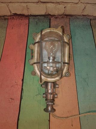 Old Industrial Vintage French Cast Iron Caged Bulkhead 1950 Wall Desk Light Lamp 2