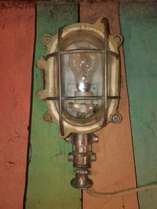 Old Industrial Vintage French Cast Iron Caged Bulkhead 1950 Wall Desk Light Lamp 3