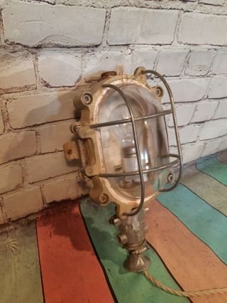 Old Industrial Vintage French Cast Iron Caged Bulkhead 1950 Wall Desk Light Lamp 8
