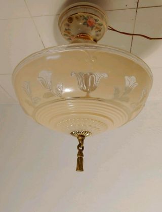 40s Vintage Semi FLUSH MOUNT LIGHT lamp chandelier fixture pink Glass Shade 10