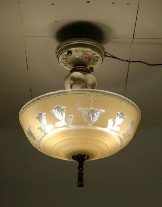 40s Vintage Semi Flush Mount Light Lamp Chandelier Fixture Pink Glass Shade