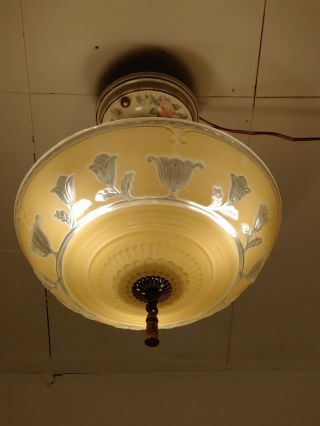 40s Vintage Semi FLUSH MOUNT LIGHT lamp chandelier fixture pink Glass Shade 2