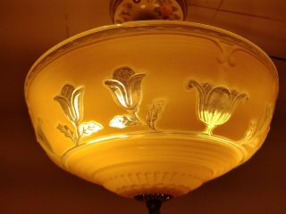 40s Vintage Semi FLUSH MOUNT LIGHT lamp chandelier fixture pink Glass Shade 3