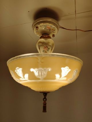 40s Vintage Semi FLUSH MOUNT LIGHT lamp chandelier fixture pink Glass Shade 6