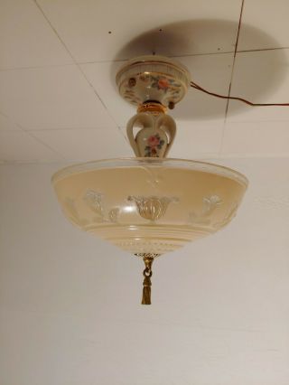 40s Vintage Semi FLUSH MOUNT LIGHT lamp chandelier fixture pink Glass Shade 7