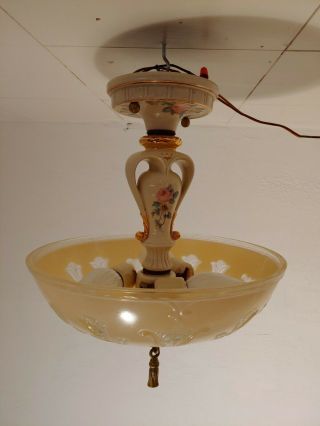 40s Vintage Semi FLUSH MOUNT LIGHT lamp chandelier fixture pink Glass Shade 8