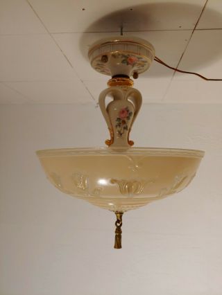 40s Vintage Semi FLUSH MOUNT LIGHT lamp chandelier fixture pink Glass Shade 9