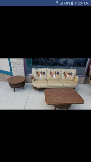 Vtg tan vinyl whiskey barrel couch & chair tables & bar 1970 ' s retro diamond OH 2