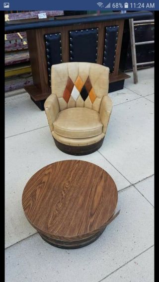 Vtg tan vinyl whiskey barrel couch & chair tables & bar 1970 ' s retro diamond OH 4