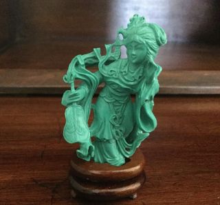 Old Chinese Carved Turquoise Woman Figure 2 - 3/4” Tall,  Stand