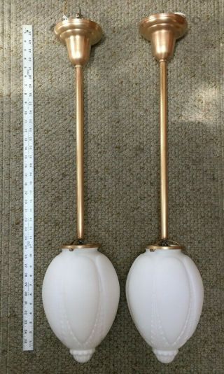Antique Large Pendant Brass Light Fixtures W/ White Pressed Glass Shades