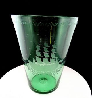 Steigel Type Green Blown Seedy Glass Clipper Etch 10 5/8 " Flint Flip Vase 1700 