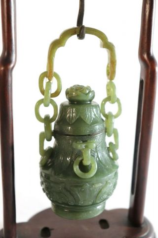 Antique Chinese Hanging Green Jade Carving Bronze Urn Yu Form Wood Stand