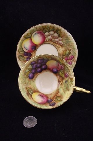 AYNSLEY HAND PAINTED ORCHARD FRUIT GOLD SIGNED D.  JONES CAB.  TEA CUP AND SAUCER 2